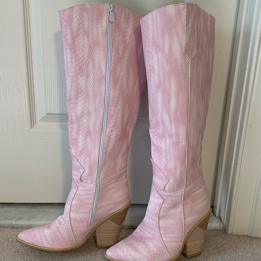 Pink Faux Snakeskin Knee-high Boots
